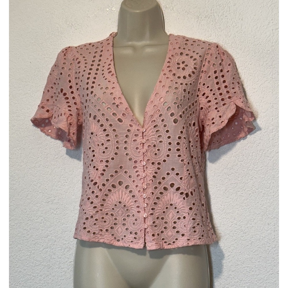Romantic Dainty Eyelet‎ Lace Top S Pink Ruffle Sleeve Boho Cottagecore Coquette
